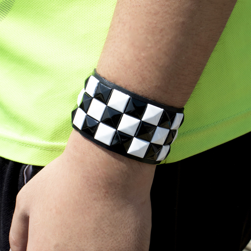 Black White Checkered Punk Leather Cuff Bracelet