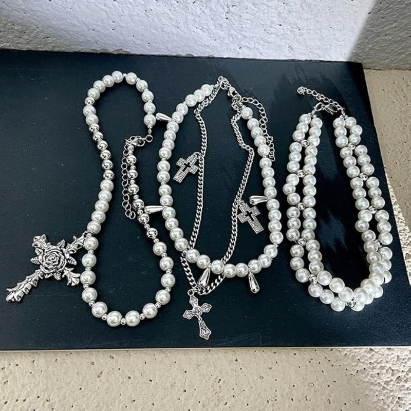Gothic Cross Pearl Stacked Necklace