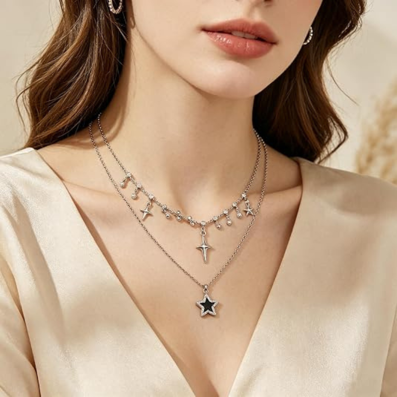 Y2K Grunge Punk Layered Silver Star Necklace