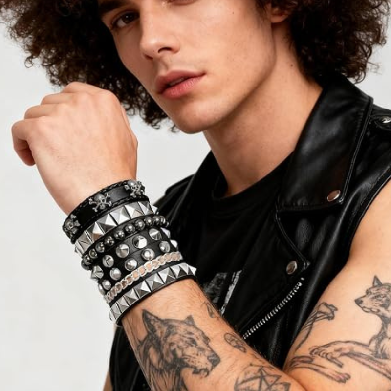 4Pcs/Set Street Hip Hop Leather Studded Cuff Bracelets