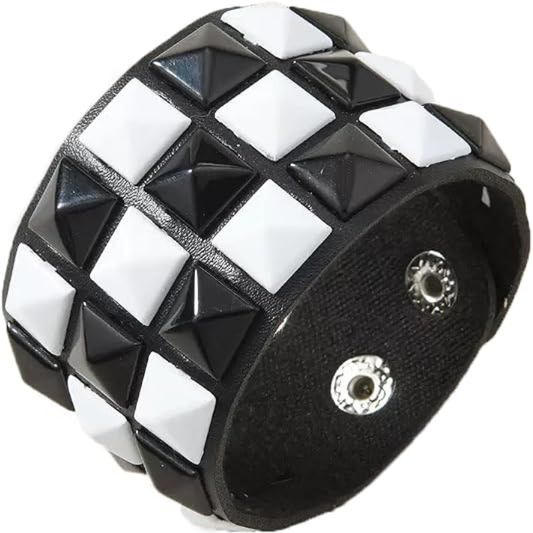 Black White Checkered Punk Leather Cuff Bracelet
