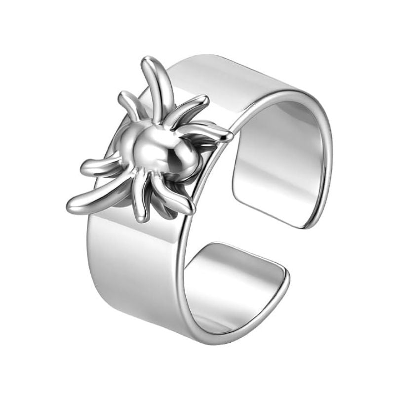 Punk 3D Spider Wide Cuff Band Ring