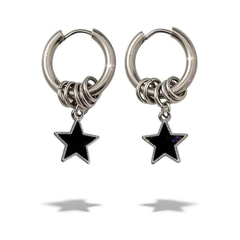 Silver Alloy Dangle Star Earrings with Black Star Charms