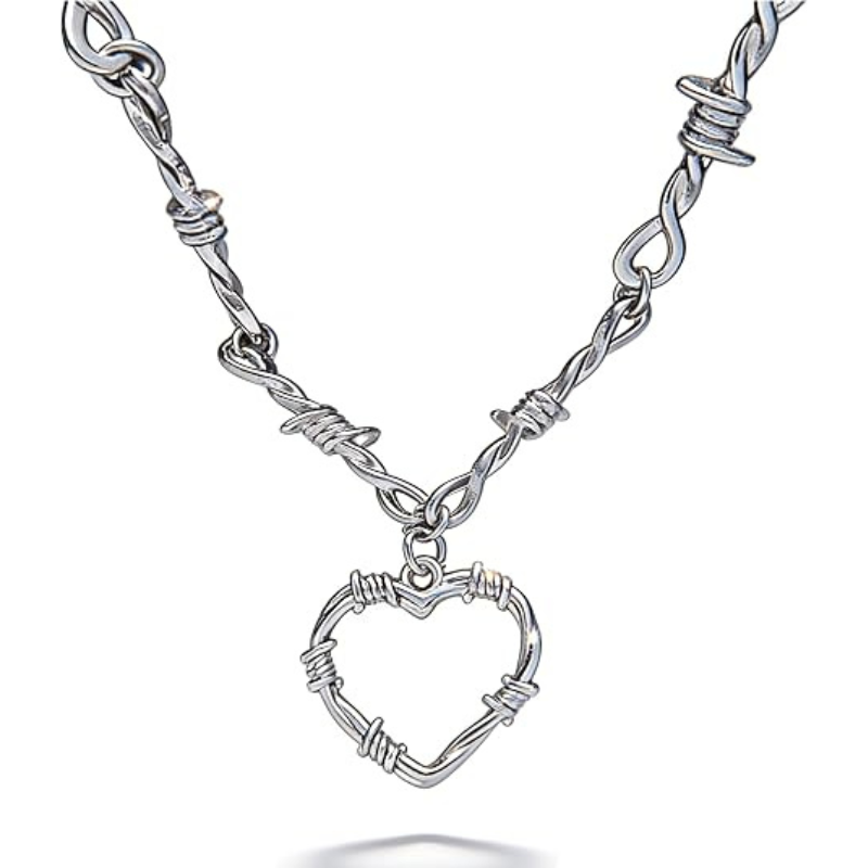 Silver Gothic Punk Barbed Wire Heart Choker
