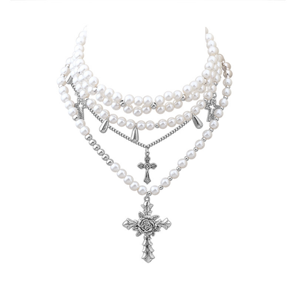 Gothic Cross Pearl Stacked Necklace