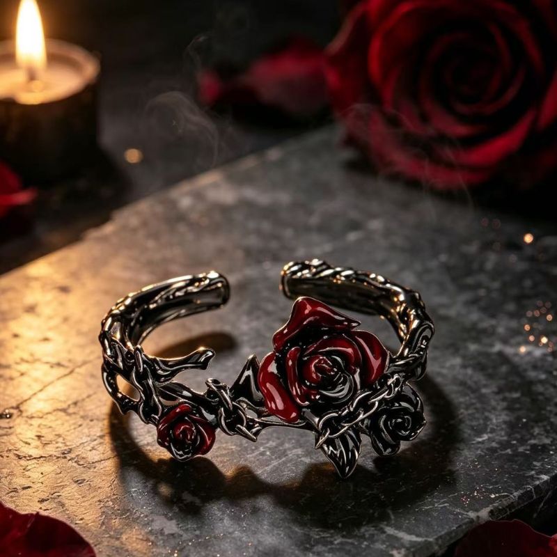 Gothic Punk Black Red Rose Ring