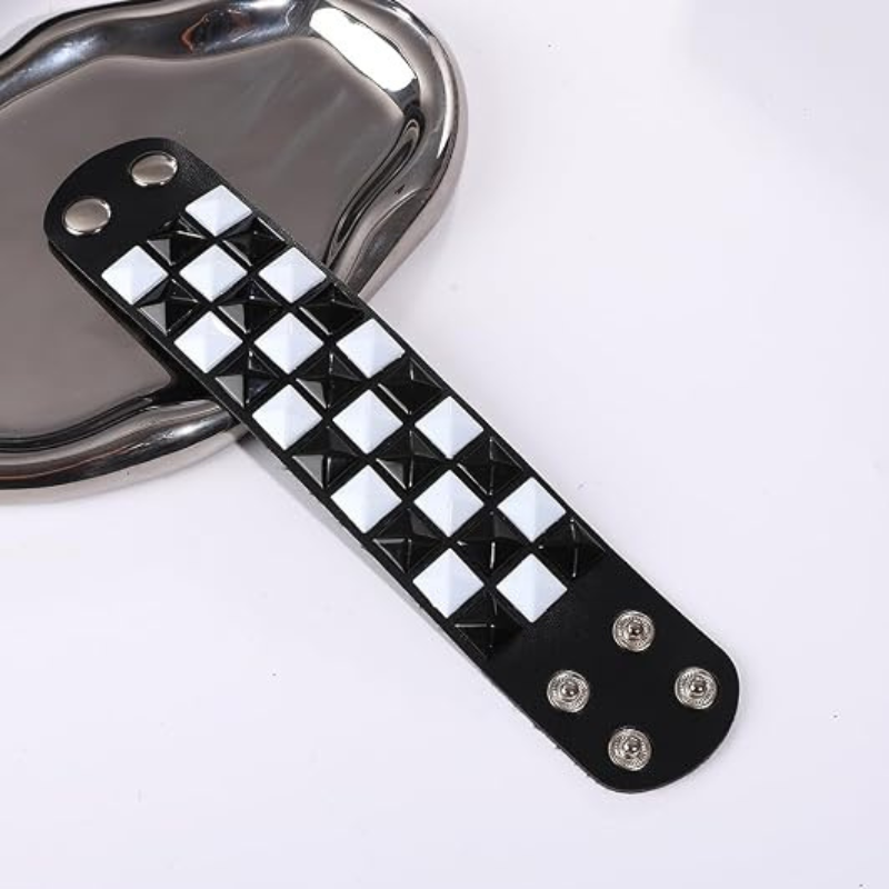 Black White Checkered Punk Leather Cuff Bracelet