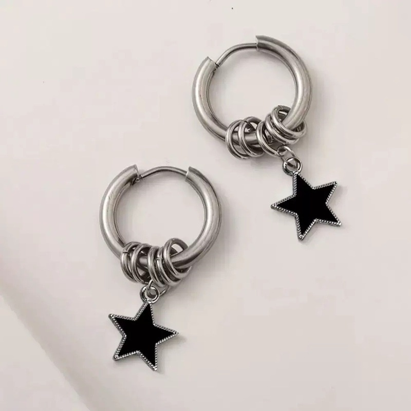 Silver Alloy Dangle Star Earrings with Black Star Charms