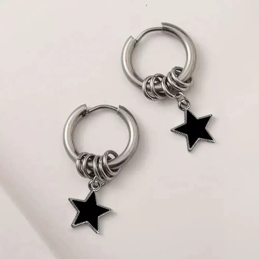 Silver Alloy Dangle Star Earrings with Black Star Charms
