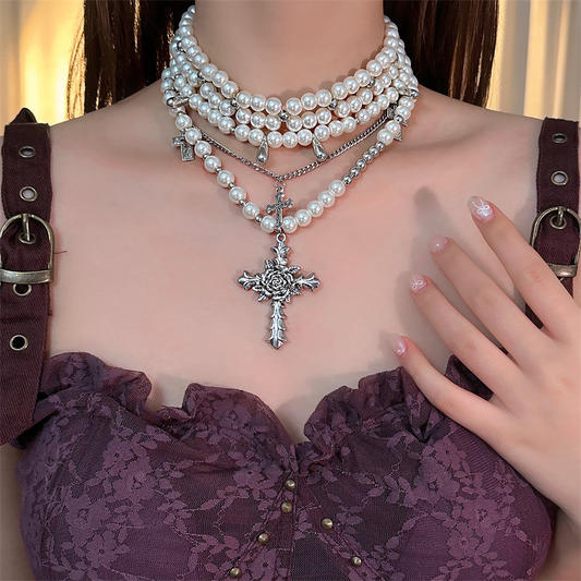 Gothic Cross Pearl Stacked Necklace