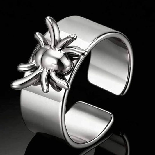 Punk 3D Spider Wide Cuff Band Ring