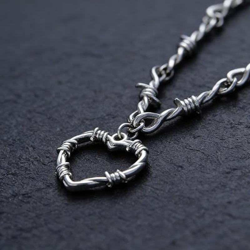 Silver Gothic Punk Barbed Wire Heart Choker