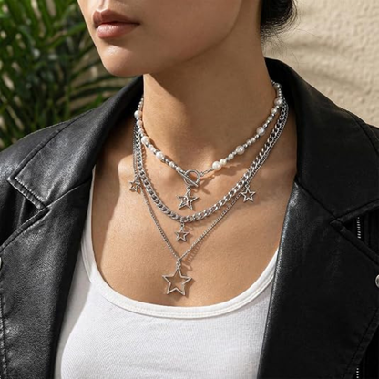 Silver Stars Chain Choker Grunge Layered Necklace
