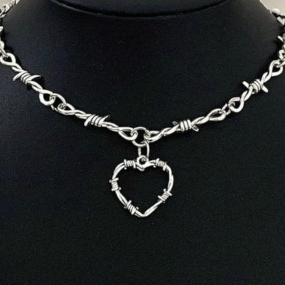 Silver Gothic Punk Barbed Wire Heart Choker