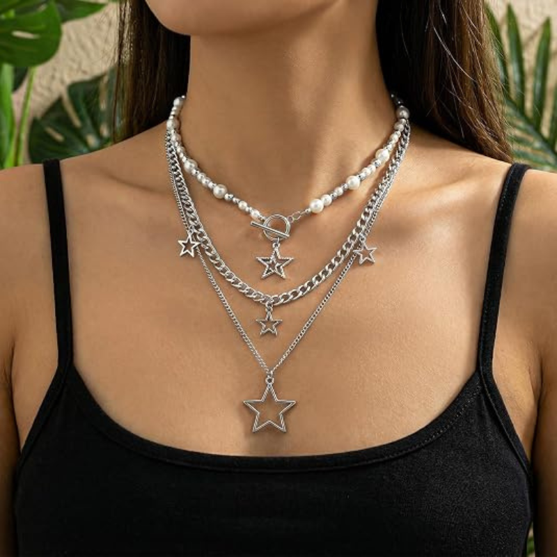 Silver Stars Chain Choker Grunge Layered Necklace
