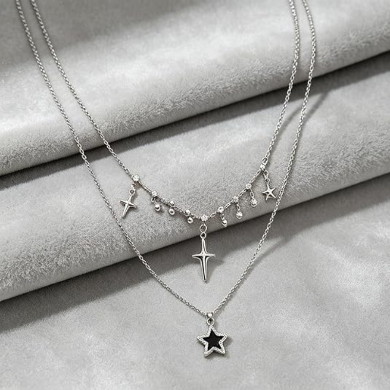 Y2K Grunge Punk Layered Silver Star Necklace