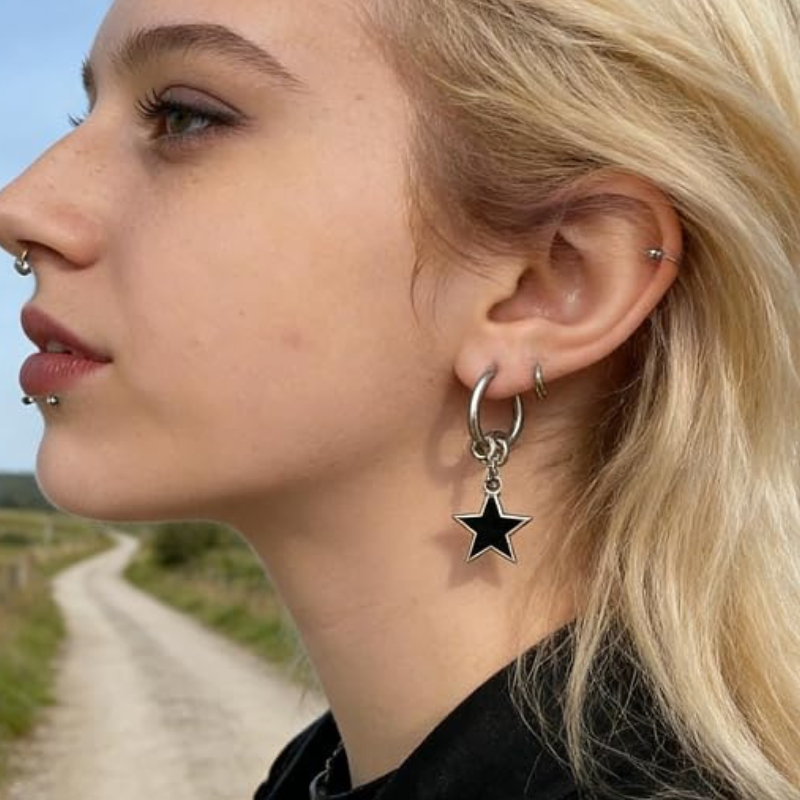 Silver Alloy Dangle Star Earrings with Black Star Charms