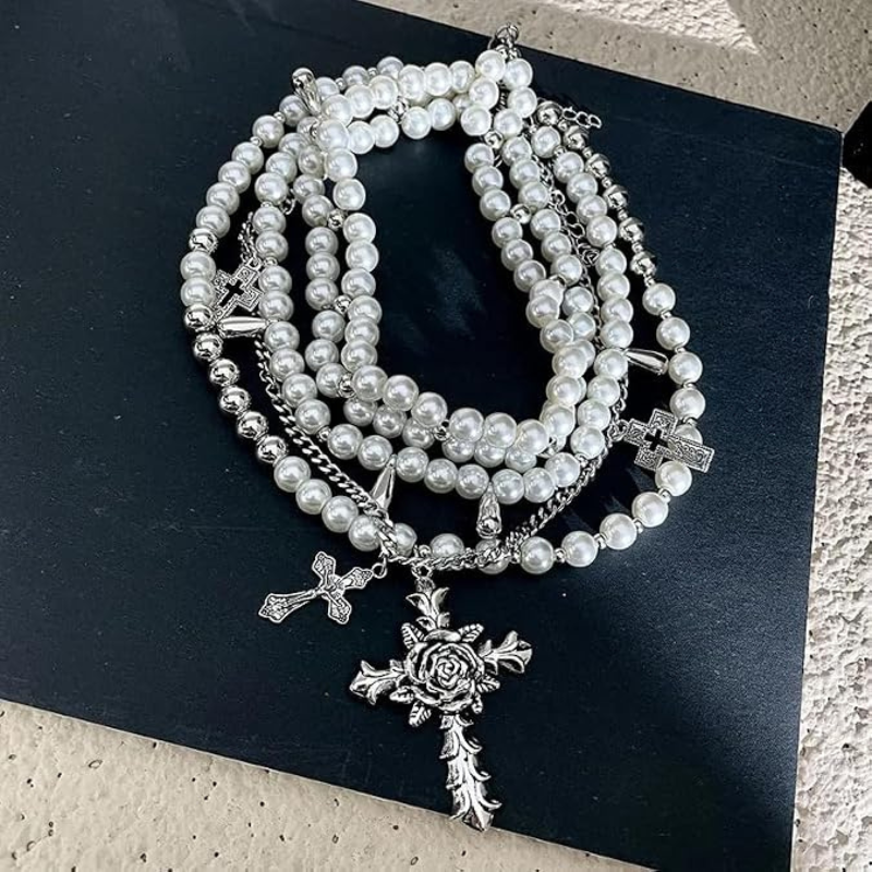 Gothic Cross Pearl Stacked Necklace