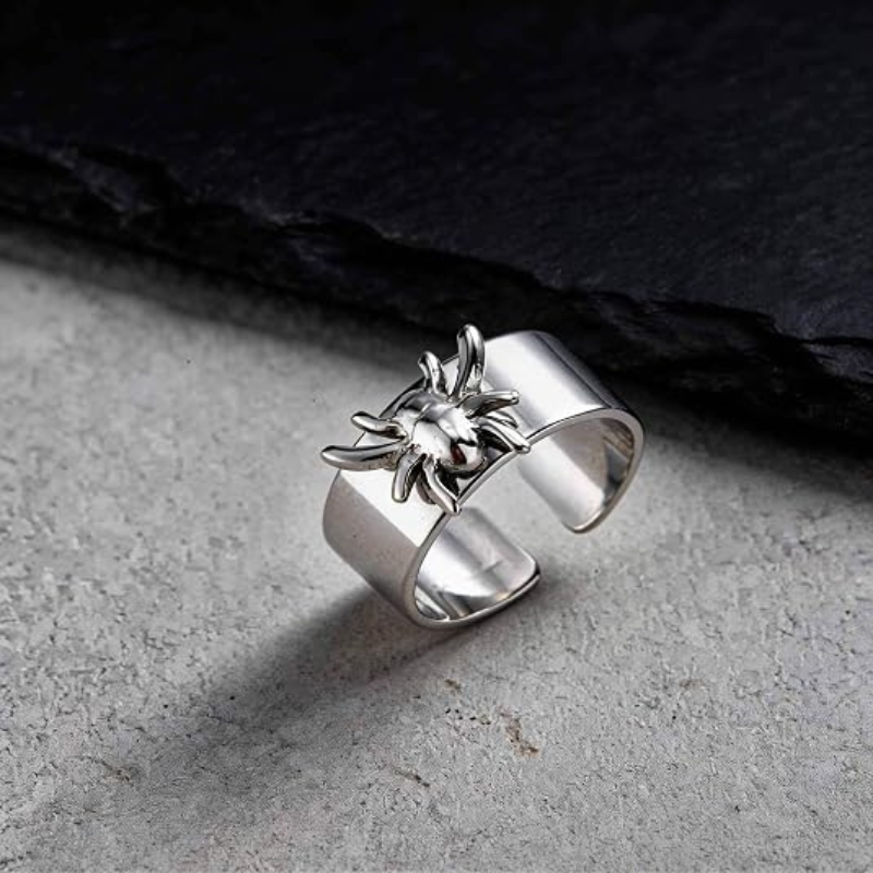 Punk 3D Spider Wide Cuff Band Ring