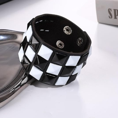 Black White Checkered Punk Leather Cuff Bracelet