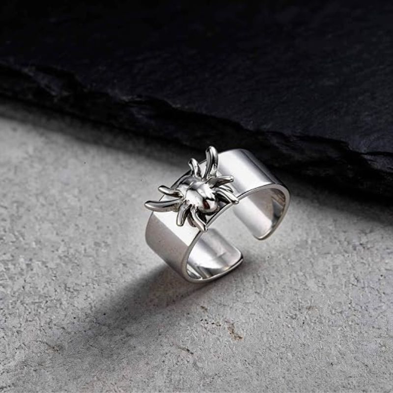 Punk 3D Spider Wide Cuff Band Ring
