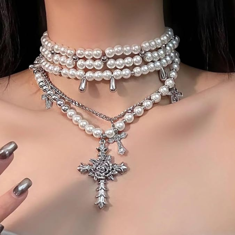 Gothic Cross Pearl Stacked Necklace