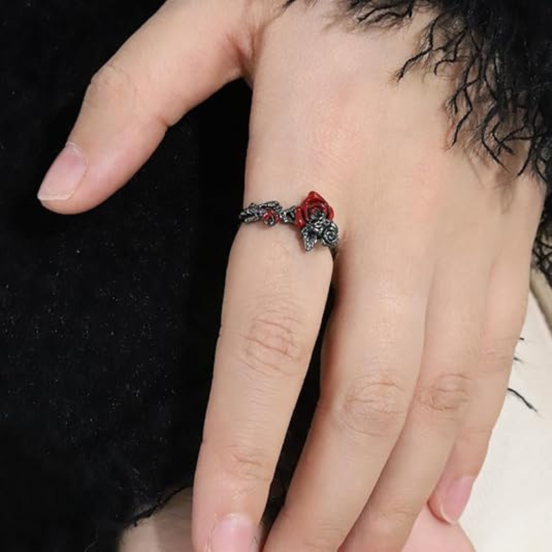 Gothic Punk Black Red Rose Ring
