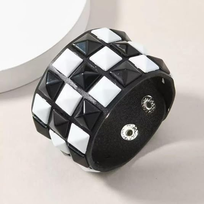 Black White Checkered Punk Leather Cuff Bracelet