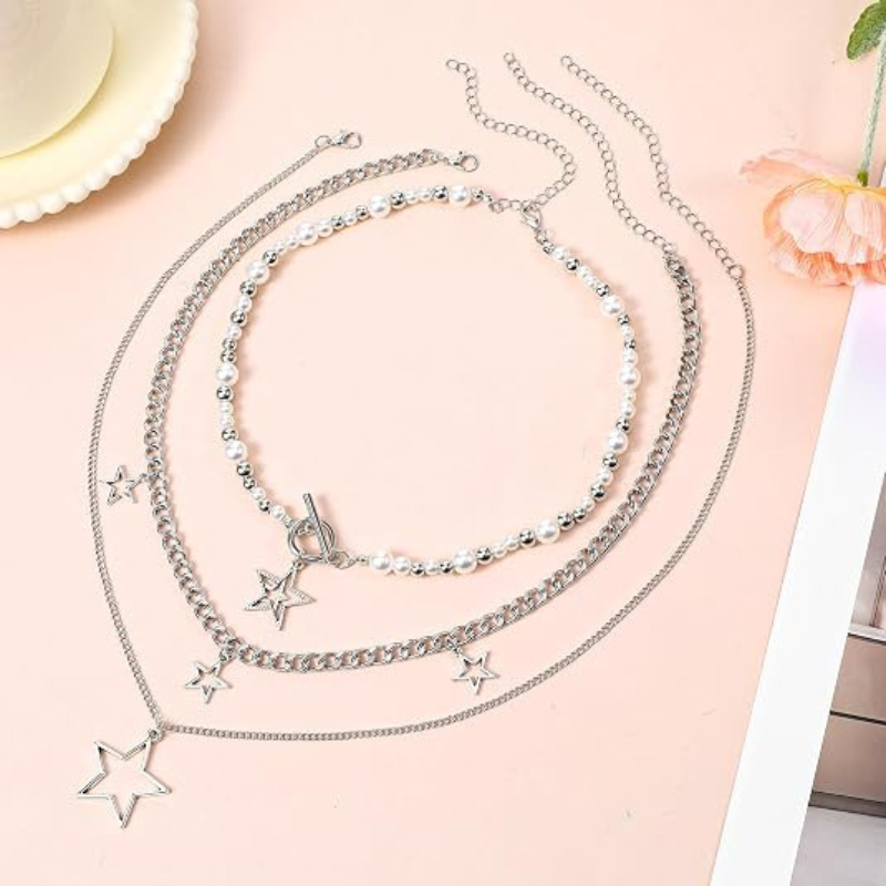 Silver Stars Chain Choker Grunge Layered Necklace