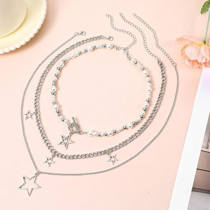 Silver Stars Chain Choker Grunge Layered Necklace