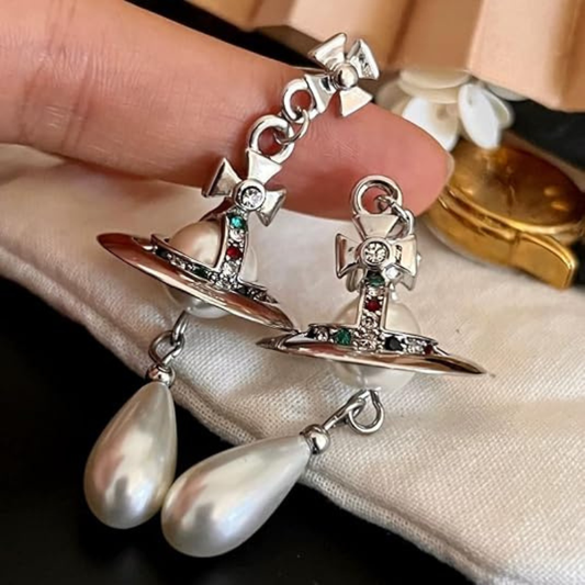 Silver Saturn Planet Dangle Earrings