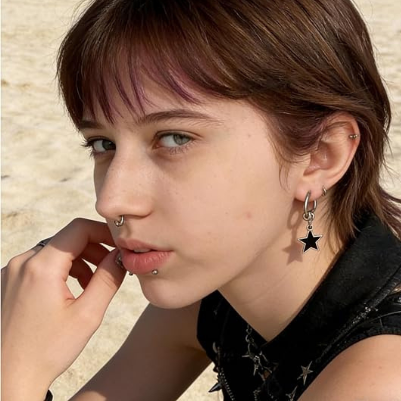 Silver Alloy Dangle Star Earrings with Black Star Charms