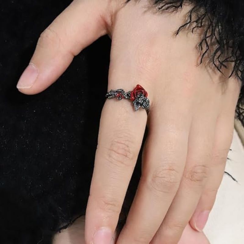 Gothic Punk Black Red Rose Ring