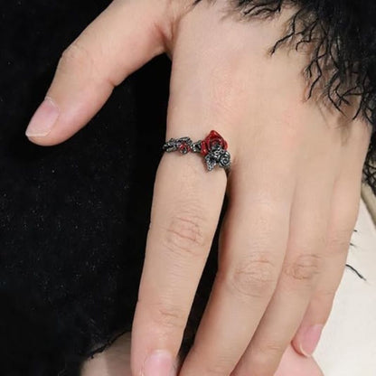 Gothic Punk Black Red Rose Ring