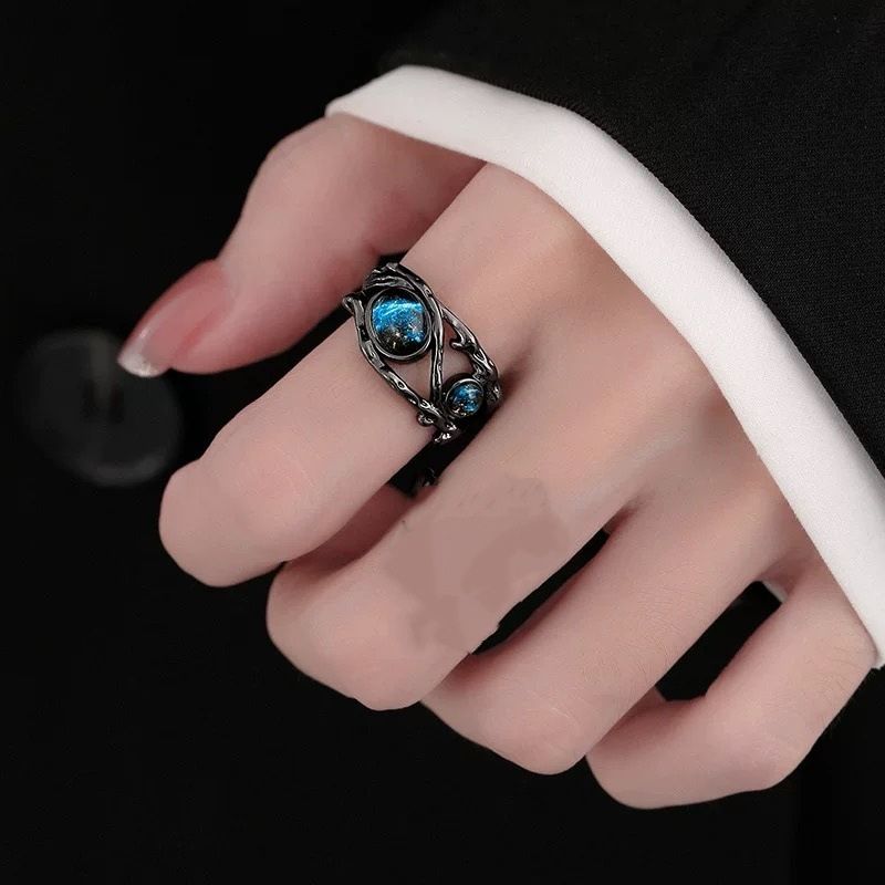 Black Gold Plated Blue Fire Moonstone Ring
