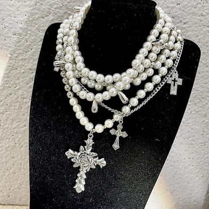 Gothic Cross Pearl Stacked Necklace