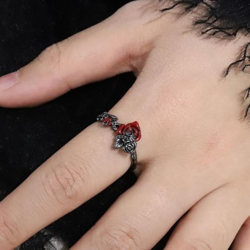 Gothic Punk Black Red Rose Ring