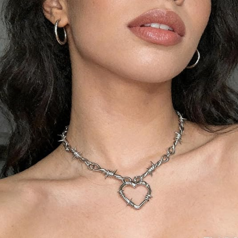 Silver Gothic Punk Barbed Wire Heart Choker