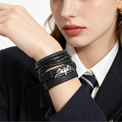 4 Pcs Bat Leather Layered Bracelets