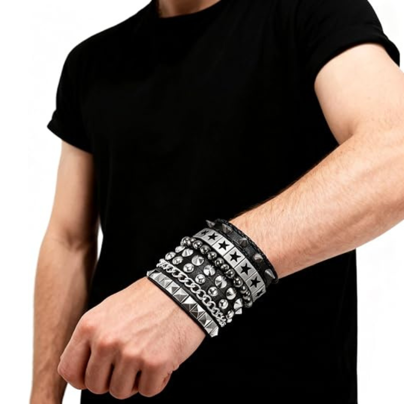 4Pcs/Set Street Hip Hop Leather Studded Cuff Bracelets